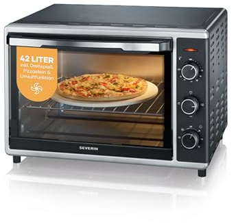 SEVERIN Back- und Toastofen mit Umluftfunktion, Mini Backofen mit Grillrost, Backblech, Drehspieß und Pizzastein, vielseitiger Heißluftofen mit 42 L Kapazität, 1.800 W, schwarz, TO 2058