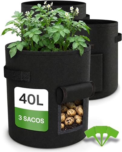 Praknu 3er Pflanzsack 40 L – Stofftöpfe Vliesstoff – Pflanzbeutel Gemüse | Atmungsaktives Material für kräftige Wurzeln, mit Griff & 3 Pflanzenschildern, Grow Töpfe für Blumen, Salat & Kräuter