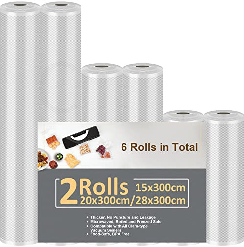 Vihoom Vakuumierbeutel Lebensmittel 6 Rollen 15/20/28x300cm(18m), BPA-frei | Vakuumierfolie Profi-Folienrollen Vakuumierer, stark & reißfest, für Vakuumierer, Sous Vide, Mikrowelle, Gefrieren