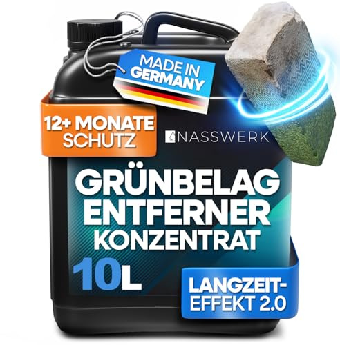 NASSWERK® Steinreiniger intensiv Aussen 10L mit GreenGuardPro-Formel I Grünbelagentferner Konzentrat für Grünbelag, Moos, Algen & Flechten | Grünspan Entferner Steindusche für Stein, Naturstein & Dach