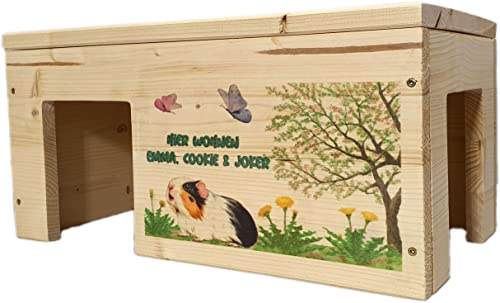 Nagerstore Meerschweinchenhaus Personalisiert mit Wunschnamen ihrer Meerschweinchen mit 2 Eingängen, Holzlasur & Aufklappbar / 45x25x22cm