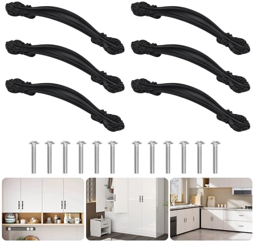 WhizNook 6 Stücke Schubladengriffe Vintage, Möbelgriffe 64mm Lochabstand | Retro Schrankgriff, Schrankgriff, Griff Schwarz, für Gartentür Küchenschranktüren, Schubladengriffe (Schwarz)