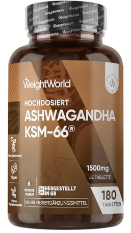 Ashwagandha KSM-66-1500 mg Ashwagandha Extrakt täglich - 5% Withanolide - 6 Monate Vorrat mit 180 vegane Tabletten - 1 Tablette täglich - Indischer Ginseng - Withania Somnifera von WeightWorld
