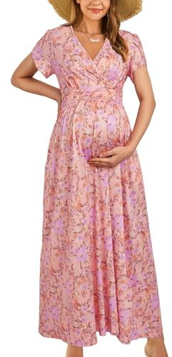 OUGES Damen Maxi Umstandskleider Sommer Stillkleid V-Ausschnitt Kleider für Schwangere Wickelkleid