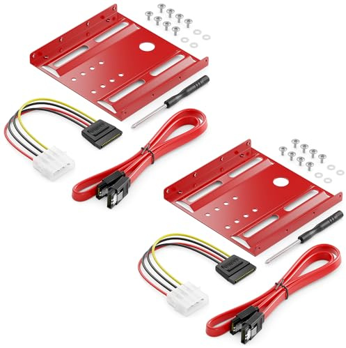 deleyCON 2,5 auf 3,5 Zoll SSD Einbaurahmen Adapter, 2 Stück - Rot | Für Festplatten und SSDs, Wechselrahmen Mounting Frame Halterung Schienen, inkl. Stromadapter, SATA Kabel und Schraubendreher