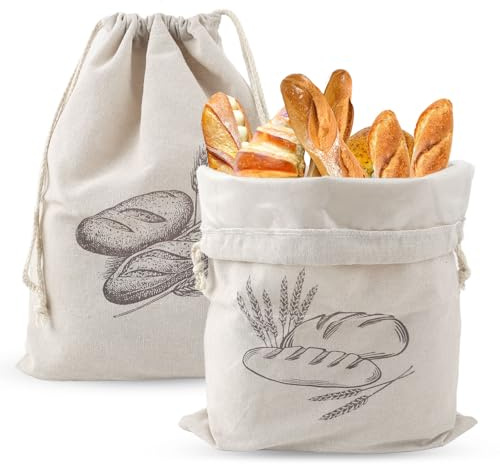 XHYASD 2 Stück Leinen Brotbeutel 30 x 40 cm mit TPU-Innenfolie | Naturleinen mit TPU-Folie, feuchtigkeitsabweisend, Kordelzug, waschbar, 2 Stück