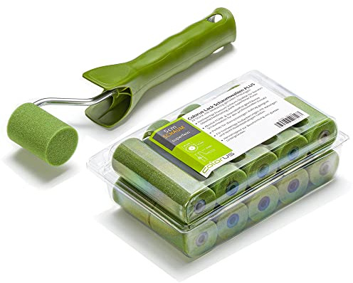 Colorus Lackierwalzen Set 20x Schaumstoff Lackierwalze 5 cm gerade inkl. Farbwalzenbügel – Lackrolle für wasserbasierte & lösemittelhaltige Lacke – Türen, Möbel & Glatte Flächen