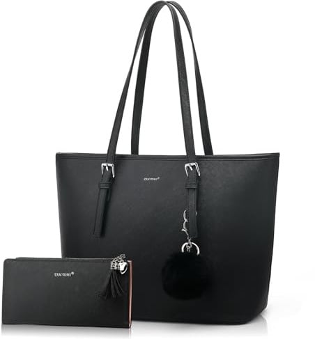 Handtasche Damen Set Schwarz Tasche Mit Geldbörse für Büro Schule Einkauf Handtasche Damen Groß Mit Quasten Damen und Pelz Kugel Plüsch Schlüsselring