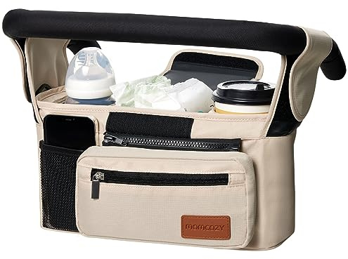 Kinderwagen Organizer Universal mit Isolierten Getränkehalter/Becherhalter, Momcozy Buggy Kinderwagentasche Baby Zubehör mit Reißverschlusstasche, Schultergurt und Stauraum für Windeln&Handys