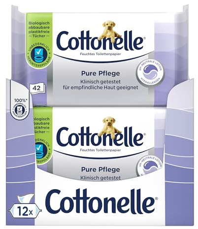 Cottonelle Feuchtes Toilettenpapier Pure Pflege, ultra-sensitive, 99% Wasser, 12 x 42 Tücher, parfümfrei & hypoallergen