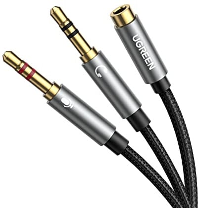 UGREEN Y Splitter Kabel Grau Audio Y Adapter Klinke 3,5mm Buchse auf Klinkenstecker (Headset & Mikrofon) Audio Y Splitter Kabel CTIA Standard für Kopfhörer, Computer usw. Nylon Ummantelung, 20cm