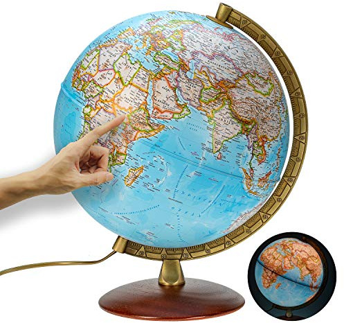 National Geographic - Leuchtglobus im klassischen Stil - 30cm Globus mit stabilem Standfuß und Metall Meridian, Kartenbild 2026 physikalisch/politisch mit LED Leuchte, aktuelles deutsches Kartenbild