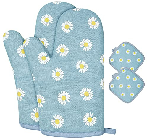 AUAUY 1 Paar Ofenhandschuhe und 2 Topflappen, Baumwolle, Blau Blumen | Rutschfeste, Waschbare Backofenhandschuhe, Hitzebeständig [bis 180°C/356°F], Kochhandschuhe zum Kochen, Backen, Grillen