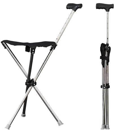 Gehstock mit Sitz,80–90cm Höhenverstellbar,Zusammenklappbarer Leichter Aid Stativ Krückenstuhl Stuhl,Tragkraft 150kg,Tragbarer 2-in-1 Dreieckiger Gehstock für Erwachsene