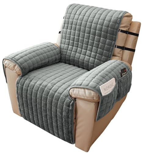 Alishomtll Sesselschoner für Relaxsessel Relaxsofa 1 Sitzer Sesselschoner mit Armlehne für Fernsehsessel Anti-Rutsch Kratzfest Sesselüberwurf mit 4 Taschen und 2 Verstellbaren Riemen, 53x190cm Grau