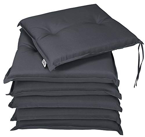 Detex® Sitzkissen Stuhl 6er Set Wasserabweisend 43x39x5cm Befestigungsriemen Waschbar Reißfest Stuhlkissen Sitzauflage Sitzpolster Gartenstuhl Anthrazit