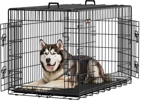Feandrea Hundekäfig, klappbar, mit 2 Türen, ausziehbare Kunststoffschale, 122 x 74,5 x 80,5 cm, XXL, schwarz PPD48H