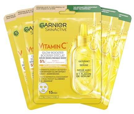 Garnier Feuchtigkeitsspendende Tuchmasken für sensible Haut, Mit Hyaluronsäure und Vitamin C, Für strahlende Haut und einen Glow-Effekt, SkinActive, 5 x 1 Masken
