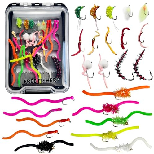 L PATTERN Fliegenfischen Fliegen Set, 30/24 PCS Langsam Sinkende Fliegenköder Set für Barsch Forelle, Kunstköder Fliegen Box Wolfram Haken Fliegenfischen Fliegenset, 24 PCS Würmer Fliegen Köder Set