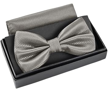 Massi Morino Fliege Grau mit Einstecktuch für Herren Set - Anzug Herrenfliege zur Hochzeit - Verstellbare Schleife in Silber