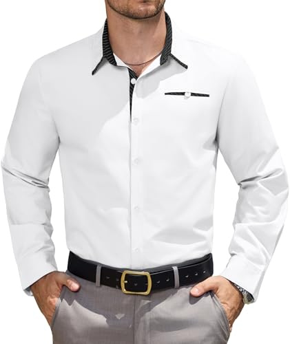 Elainone Hemd Herren Langarm Regular Fit Business Freizeithemd mit Tasche Anzughemd für Hochzeit Office Bügelleicht Weiß L