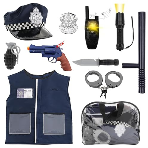 deAO Polizei Kostüm Kinder, Polizeikostüm Set Uniform mit Mütze Ausrüstung | Polizist Outfit mit Zubehör, Hose, Polizeimütze, Spielzeuggranaten, Polizei Spielzeug Rollenspielset für Halloween Karneval