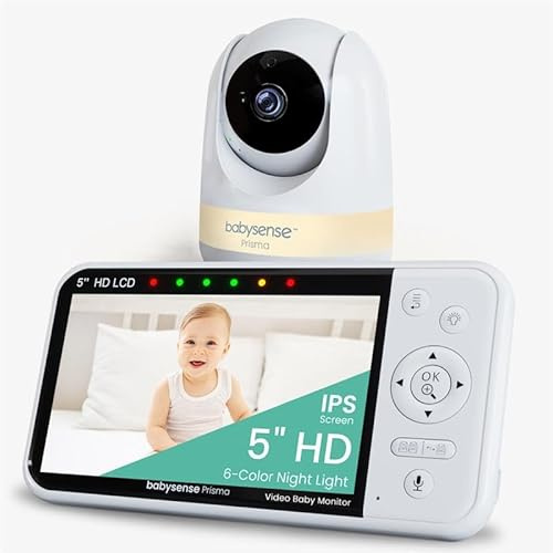 Babysense Babyphone mit Kamera, 5 Zoll 720P HD, Ohne WLAN, 6-Farben Nachtlicht, Wiegenlieder, 300m Reichweite, Zwei-Wege-Audio, ECO Modus, 4X Zoom, 4000mAh Akku
