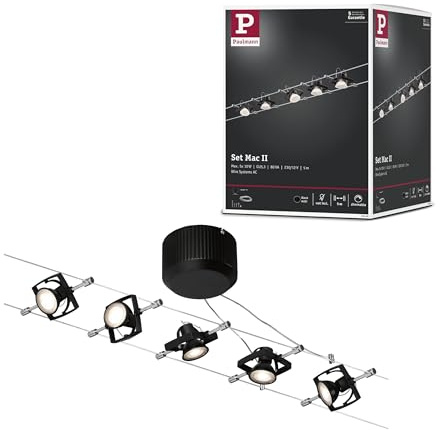 Paulmann 94290 Seilsystem MacI, Deckenlampe, Seillampe Metall, Kunststoff Drahtseil GU5, Schwarz Matt, Eckig Max. 5 x 10 W, 5er-Set