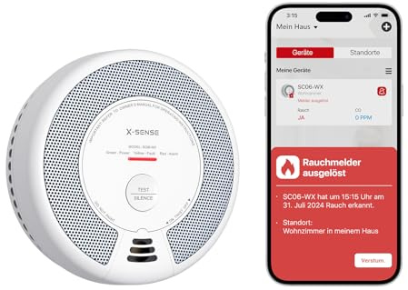 X-Sense Rauch- und Kohlenmonoxid Melder mit WLAN und austauschbarer Batterie, 2-in-1 Rauchmelder, intelligenter kombinierter Rauchmelder, kompatibel mit X-Sense Home Security App, SC06-WX, 1 Stück