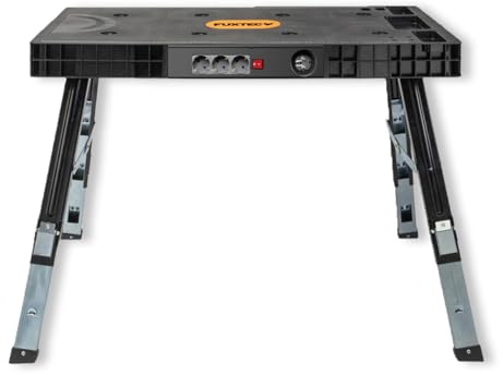 FUXTEC klappbare 5in1 Universal-Werkbank FX-WB – Werkbank/Arbeitstisch bis 150kg – höhenverstellbar bis 129x59x75cm – Transportroller mit Schubfächern – Werkstattbrett/Rollbrett