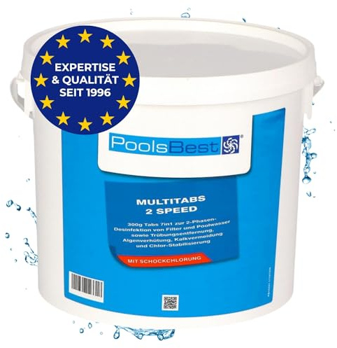 PoolsBest 4,8kg Chlor Multitabs 2 Speed 7 in 1 I 300g Chlortabletten für Pool mit 2-Phasen Desinfektion I Chlortabs schnelllöslich & langsamlöslich I Pooltabs zur Dauerdesinfektion & Stoßchlorung