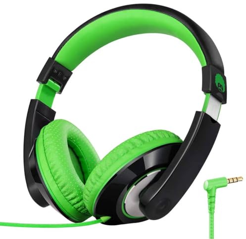 RockPapa Comfort Kinder Kopfhörer für Schule Jungen, Kopfhörer Kinder mit Kabel, Einstellbar, Faltbare, Stereo Sound, 3,5 mm Jack, Over Ear Kinderkopfhörer für Schule/Reise/PC, Schwarz Grün