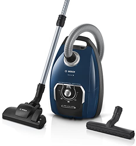 Bosch Staubsauger mit Beutel Serie 8 BGB75X494, Bodenstaubsauger, ideal für Allergiker, Hygiene-Filter, Bodendüse für Parkett, Teppich, Fliesen, langes Kabel, leise, 650 W, blau
