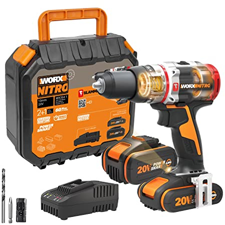 WORX WX354.1 Akku-Schlagbohrschrauber 20V, 60Nm, Bürstenloser Motor, aktiver Schlagmechanismus, 18+1+1 Drehmomenteinstellungen, 8 mm-Steinbohrer, inkl. 1x 2 Ah & 1 x 4 Ah PowerShare Akku, Ladegerät