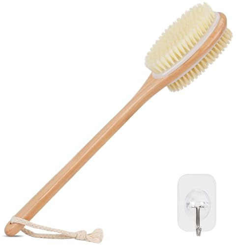 Alyvisun Rückenbürste aus Holz für Dusche mit Langem Griff, Doppelseitige Rückenschrubber mit Steifen und Weichen Borsten, Nass- und Trocken Peeling Körperbürste