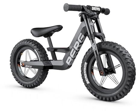 BERG Biky Cross Schwarz Laufrad mit Handbremse ab 2 Jahre, Luftreifen, Leichtes Magnesiumrahmen, Rutschfahrzeug 12 Zoll, Kinderfahrrad Jungen und Mädchen, Sattel höhenverstellbar