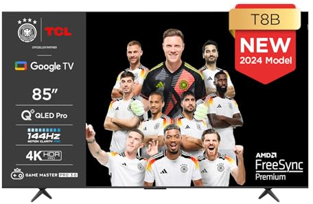 TCL 85T8B 85-Zoll QLED Pro 144Hz Onkyo Gaming Fernseher, 4K UHD, HDR Pro, Google TV (Dolby Vision IQ & Atmos, Motion Clarity, Freihändige Sprachsteureung, Kompatibel mit Google Assistant & Alexa)