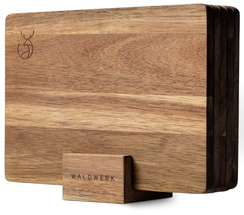 WALDWERK Frühstücksbrettchen 5er Set (23 x 16 x 1 cm) aus massiver Akazie - Frühstücksbrettchen Holz mit Ständer - 5 Schneidebretter aus Holz - Brettchen perfekt für Frühstück