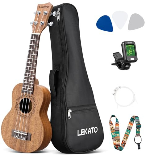LEKATO Sopran Ukulele aus Sapeli 21 Zoll Anfänger-Set mit Gigbag/Stimmgerät/Gurt/Picks/Saiten - Hawaii 4-saitige Soprano-Ukulele für Anfänger Echtes Holz Uke Geschenk (Dunkelbraun, 21 Zoll)