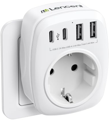 LENCENT USB Steckdose Mehrfachstecker EU Adapter 5-in-1 Steckdosenadapter | mit 2 USB Ladegerät Anschlüße 2,4A, 2 Typ-C 3A, Wand Steckdose Schuko 4000W Stromadapter Stecker mit Kindersicherung Weiß
