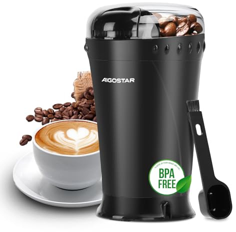 Aigostar kaffeemühle Elektrisch mit Edelstahl Schlagmesser 60g 200W Schwarz - Schnelle & Uniform Gewürzmühle mit Reinigungsbürste, BPA-frei, für Kaffeebohnen, Getreide, Gewürze und Nüsse Mühle
