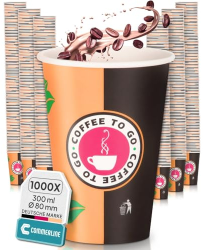 Commerline Pappbecher 300 ml, 1000 Stück, Coffee to Go, Kaffeebecher | Ø80 mm Papierbecher aus Hartpapier, Einweg Kaffeebecher zum Mitnehmen, ideal für Büro, Gastronomie, Catering, Kaffee Tee