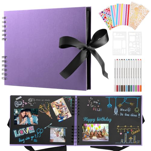 Fotoalbum 29,5 X 21cm Fotoalbum Zum Selbstgestalten Schwarz Fotobuch Mit 80 Seiten Scrapbook, Für 420 Bilder, Inkl.12 Metallic Farbmarker, Gästebuch Für Geburtstag Und Hochzeit, Lila