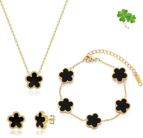 FUNIO Kleeblatt Schmuck Set für Damen - 18 Karat Gold Link Armband Armreif Glücksarmband Halskette Ohrringe Schmuck Geschenk für Damen