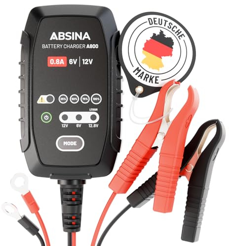 ABSINA Roller & Motorrad Batterieladegerät vollautomatisch mit 800mA - AGM Ladegerät 6V & 12V Blei Batterie bis 26Ah / 12,8V Lithium bis 15Ah - Ladegerät Motorradbatterie mit 3,4m Kabel