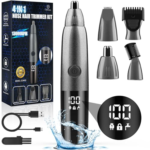 Oukzon Nasenhaartrimmer Herren, 4 in 1 Nasenhaarschneider mit LED Anzeige, USB Wiederaufladbar Ohrhaartrimmer Augenbrauen Esichtshaartrimmer für Männer und Frauen, IPX7 Wasserdicht