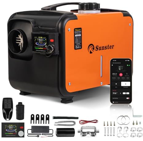 Sunster 8KW All in One Diesel Standheizung, 12V/24V/230V Dieselheizung 0,12–0,45 L/h mit Bluetooth App & AC Power Adapter, Lüftungsmodus &Autor Start-Stop, Diesel Heizung für Autos LKW Wohnmobile