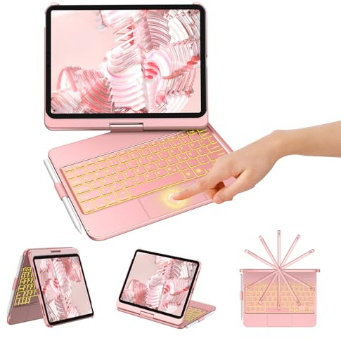 KBCASE Bluetooth Tastatur Schutzhülle für iPad 10. Gen 2022 10,9 Zoll, iPad 11. Gen 2025 A16 11 Zoll, mit Touchpad, QWERTZ, 360°-Drehung, 7-Farbige Hintergrundbeleuchtung (Roségold)