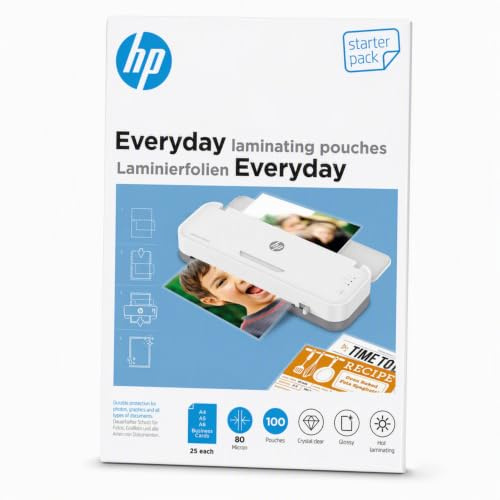 HP Everyday Laminierfolien, Starter-Set, 80 Micron, glänzend, transparent, zum Heißlaminieren, 100 Stück, 9158
