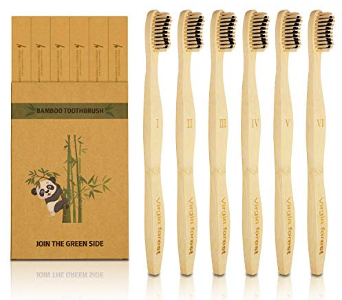 Virgin Forest bambus zahnbürste, 6 Stück zweifarbiges holzzahnbürste set, biologisch abbaubare bambuszahnbürsten mit weichen Borsten, Holzzahnbürste mit großem Griff